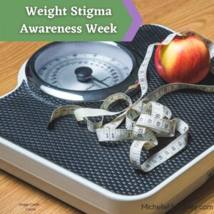 Scale, tape measure, and apple to demonstrate some of the ways weight stigma might show up in someone's life.  