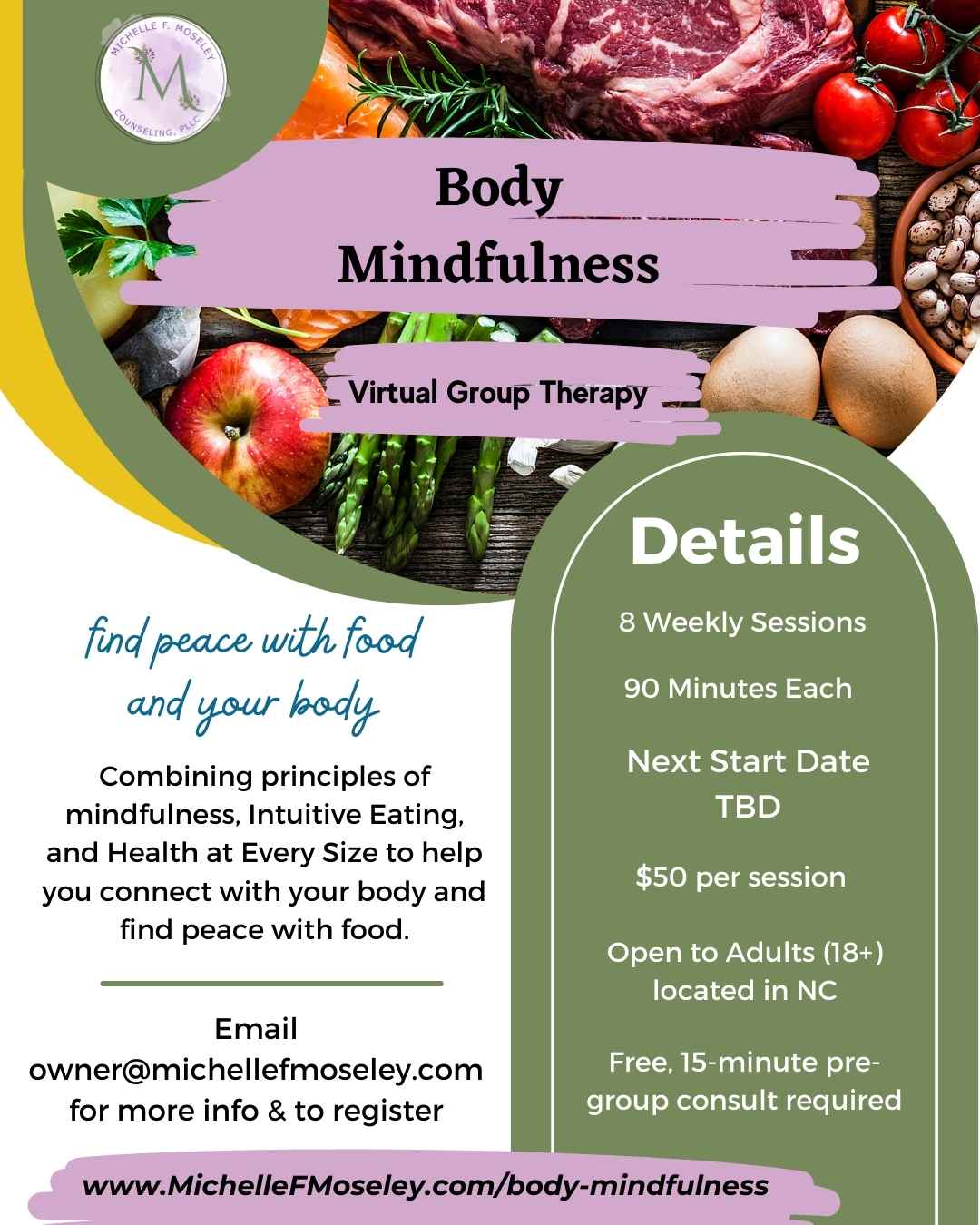 Image contains details about Body Mindfulness Virtual Group Therapy.  All details are also included in the text of this page.