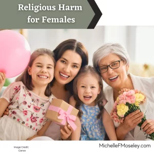 Image of 3 generations of women - a grandmother, mother, and 2 young children  - smiling and holding a pink balloon and pink and yellow flowers.